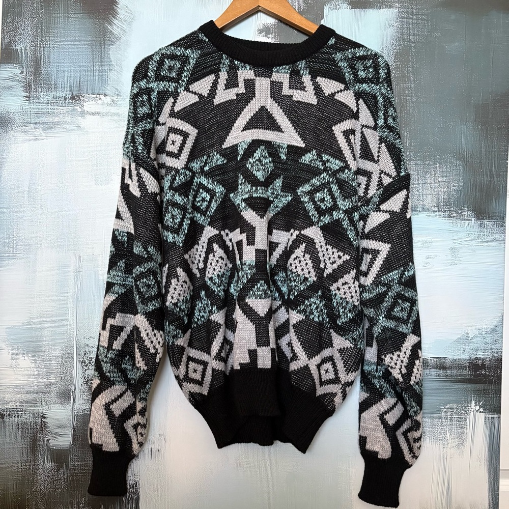 Vintage Expressions Sweater L 80s 90s Geometric Knit Black 100% virgin acrylic